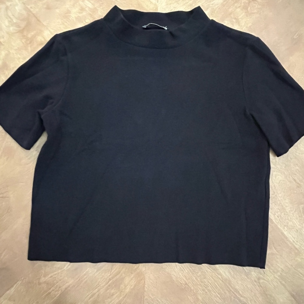 Zara Black Boxy Crop T-Shirt with Mandarin Collar
